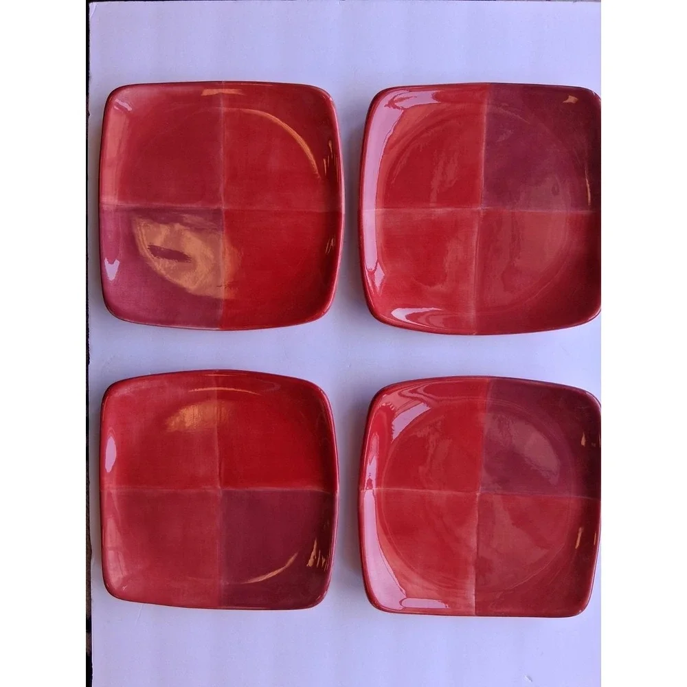 4 Tabletops Unlimited Quadrettini red hand painted Square   Salad‎ Plate  B4